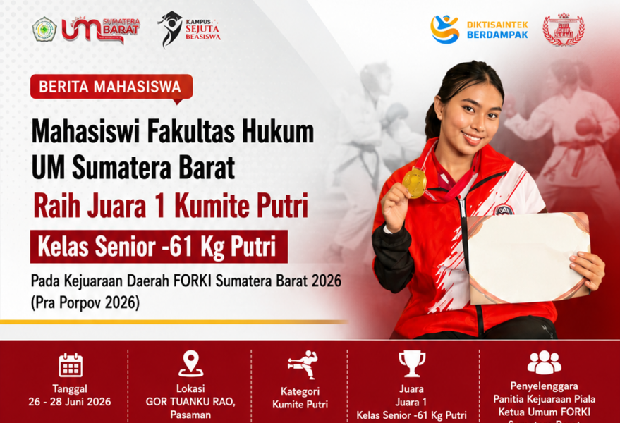 Chelse Lexem, Mahasiswi Fakultas Hukum UM Sumatera Barat Sabet Juara 1 Kumite Putri Kejurda FORKI Sumbar 2026